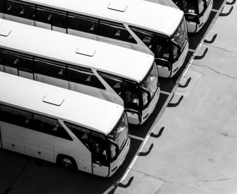 a fleet of charter buses parked
